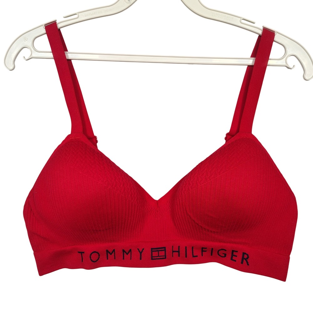 Tommy Hilfiger Bralette Women 36B Ribbed Seamless Logo Band Red Solid Comfort